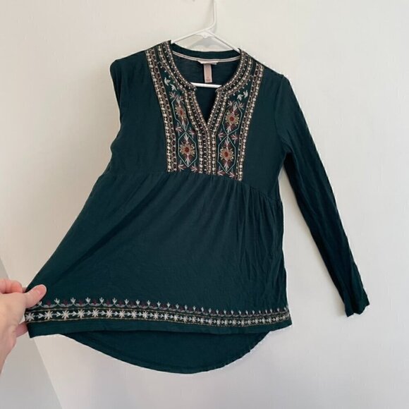 KNOX ROSE Embroidered Knit Top Dark Green Floral Boho Long Sleeve Peasant Blouse - Picture 10 of 13
